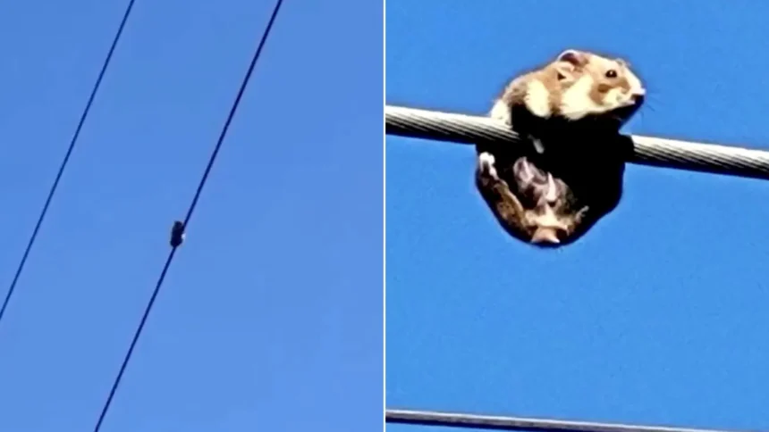 A daredevil hamster has been rescued after being discovered stranded on a high-voltage power line in Ukraine. Workers safely lowered the line to help it escape.