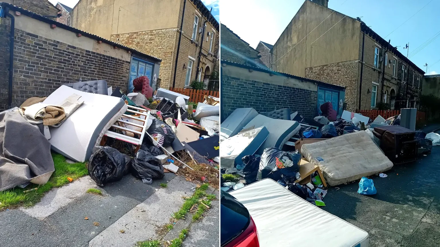 Brit residents have been left fuming as an ‘eyesore’ mountain of rubbish has been dumped on their street. Mattresses, sofas and household appliances were left strewn.