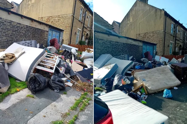 Brit residents have been left fuming as an ‘eyesore’ mountain of rubbish has been dumped on their street. Mattresses, sofas and household appliances were left strewn.