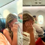 Tomiko Harvey smiling at camera left; right shows woman on plane with head in hands crying.