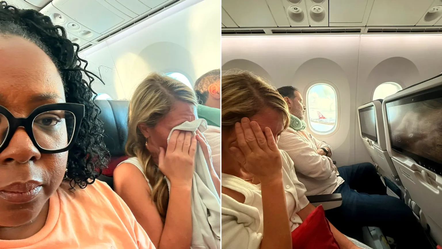 Tomiko Harvey smiling at camera left; right shows woman on plane with head in hands crying.