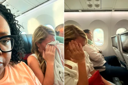 Tomiko Harvey smiling at camera left; right shows woman on plane with head in hands crying.