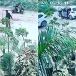 White Tata Tiago EV surrounded by people during cleaning (left) and damaged car with open door after collision (right).