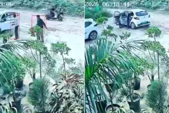 White Tata Tiago EV surrounded by people during cleaning (left) and damaged car with open door after collision (right).
