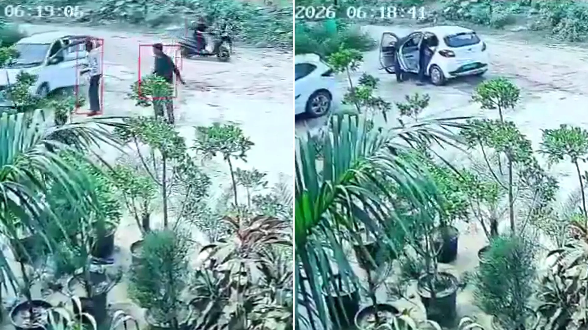 White Tata Tiago EV surrounded by people during cleaning (left) and damaged car with open door after collision (right).
