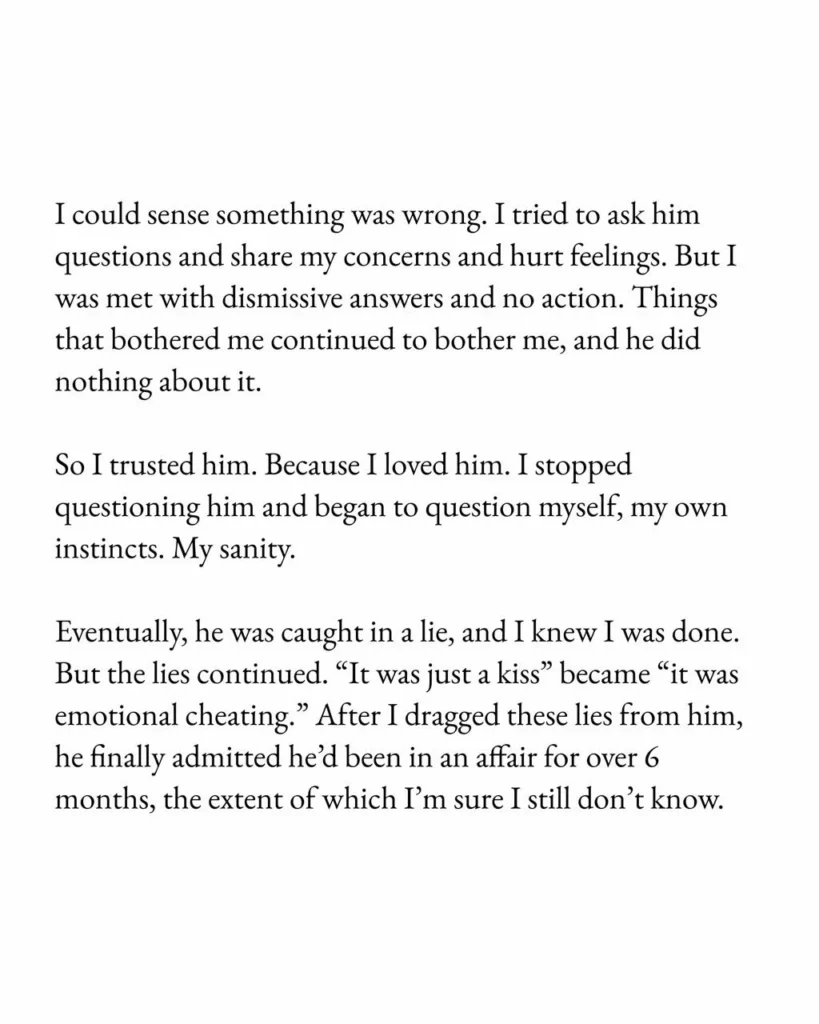 Text statement detailing Hila's account of repeated lies and discovering a six-month affair.