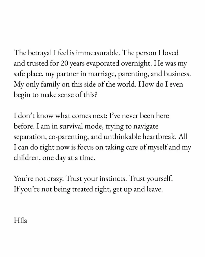 Text statement concluding with Hila's advice to trust instincts and her signature.