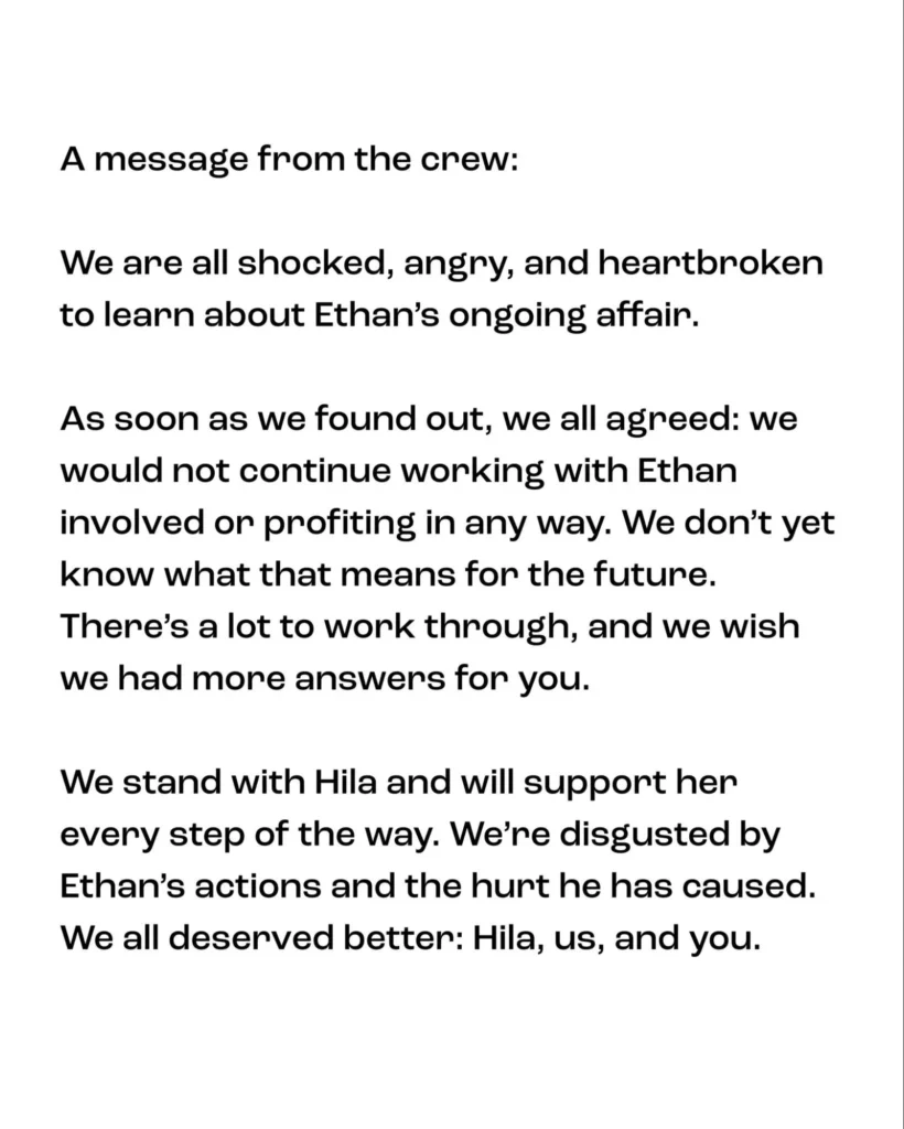 Text statement from the H3 Podcast crew expressing shock and support for Hila.