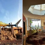 Eerie pictures reveal a former Spanish holiday attraction where sharks once swam, but now a giant graffiti-covered predator overlooks the decaying complex.