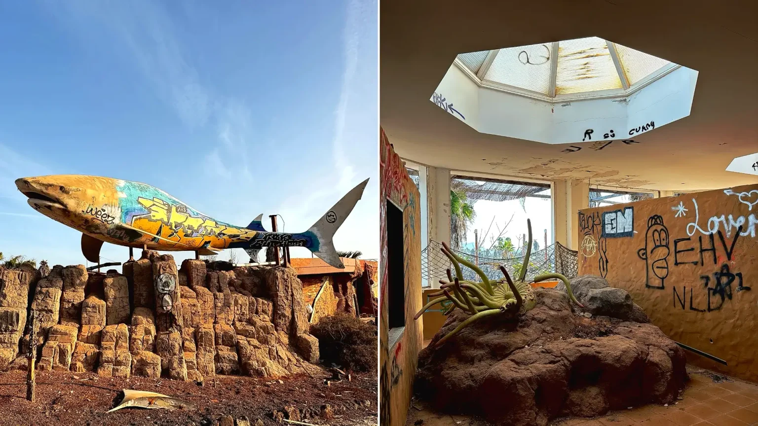 Eerie pictures reveal a former Spanish holiday attraction where sharks once swam, but now a giant graffiti-covered predator overlooks the decaying complex.