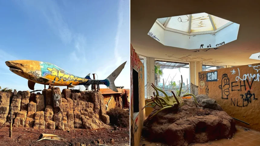 Eerie pictures reveal a former Spanish holiday attraction where sharks once swam, but now a giant graffiti-covered predator overlooks the decaying complex.
