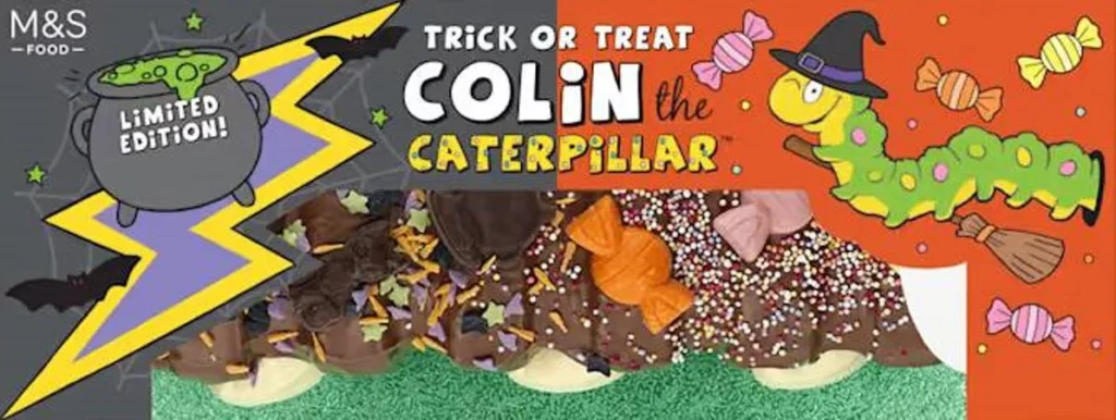M&S launches Halloween Colin the Caterpillar with faces at both ends - spooky side features black cats and cauldrons. Limited-edition treat arrives in stores.