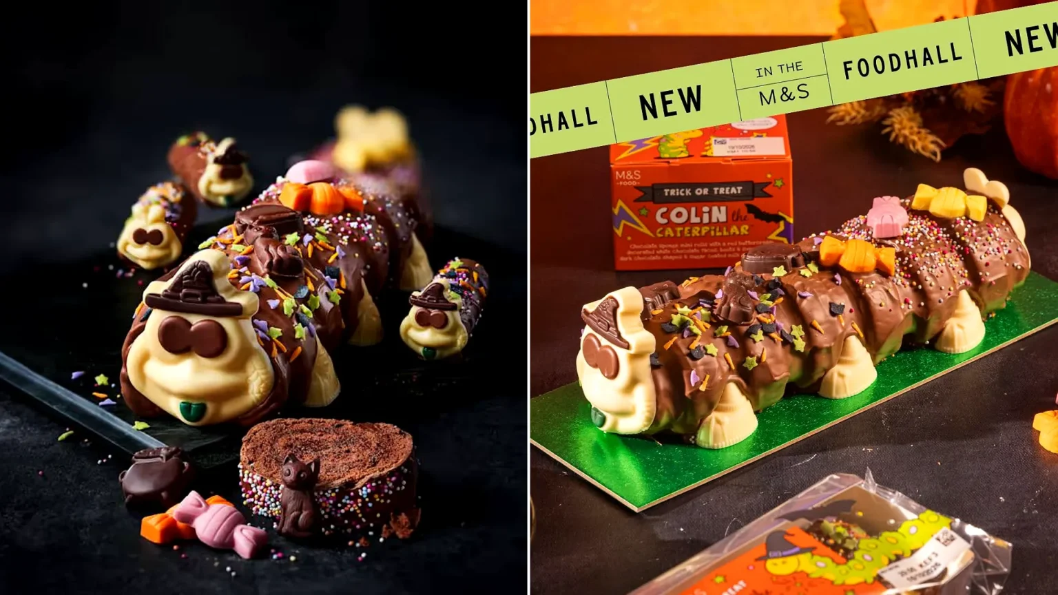 M&S launches Halloween Colin the Caterpillar with faces at both ends - spooky side features black cats and cauldrons. Limited-edition treat arrives in stores.