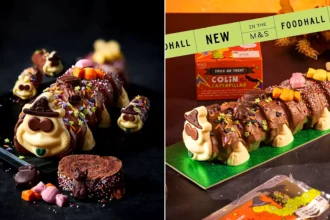 M&S launches Halloween Colin the Caterpillar with faces at both ends - spooky side features black cats and cauldrons. Limited-edition treat arrives in stores.