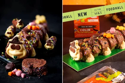 M&S launches Halloween Colin the Caterpillar with faces at both ends - spooky side features black cats and cauldrons. Limited-edition treat arrives in stores.
