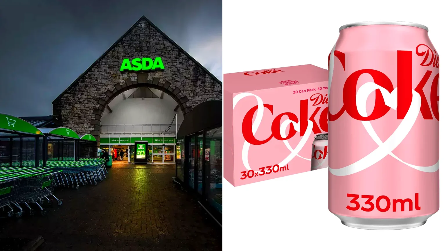 Asda brings back pink Diet Coke cans for Tickled Pink breast cancer campaign. Limited-edition 30-can boxes available for £10, with shoppers calling them 'literal heaven'.