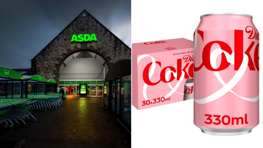 Asda brings back pink Diet Coke cans for Tickled Pink breast cancer campaign. Limited-edition 30-can boxes available for £10, with shoppers calling them 'literal heaven'.