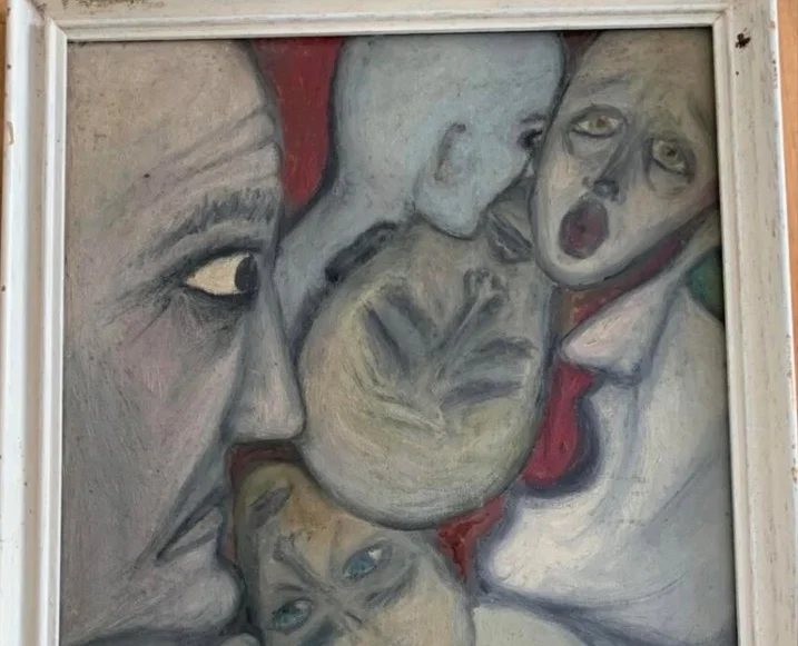 Disturbing framed painting containing multiple overlapping distorted human faces in grey tones