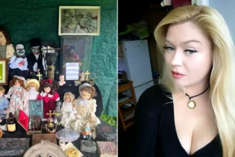 Blonde woman in black beside collection of antique dolls and paranormal objects on display