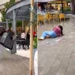 Young woman struck by moving swing seat and flung through air, left; woman lying on ground with spilled ice cream after impact, right