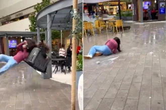 Young woman struck by moving swing seat and flung through air, left; woman lying on ground with spilled ice cream after impact, right
