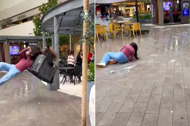 Young woman struck by moving swing seat and flung through air, left; woman lying on ground with spilled ice cream after impact, right