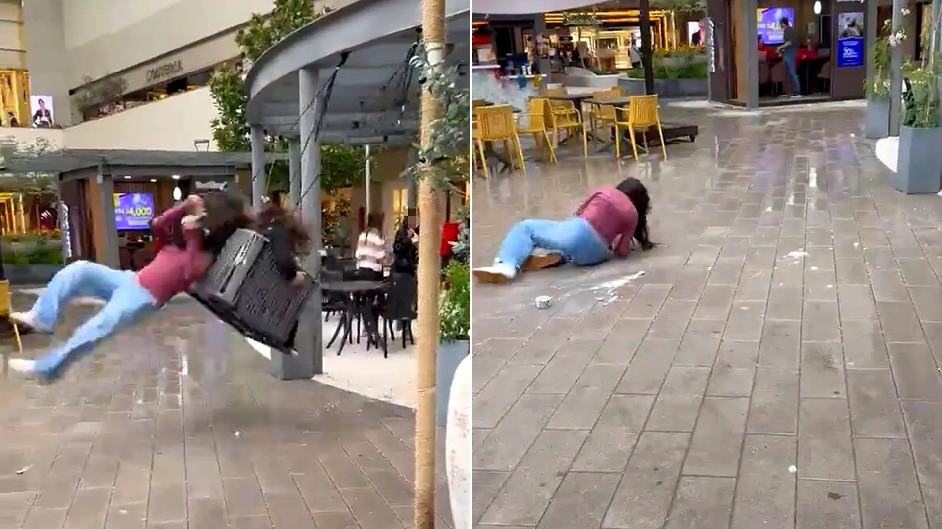 Young woman struck by moving swing seat and flung through air, left; woman lying on ground with spilled ice cream after impact, right